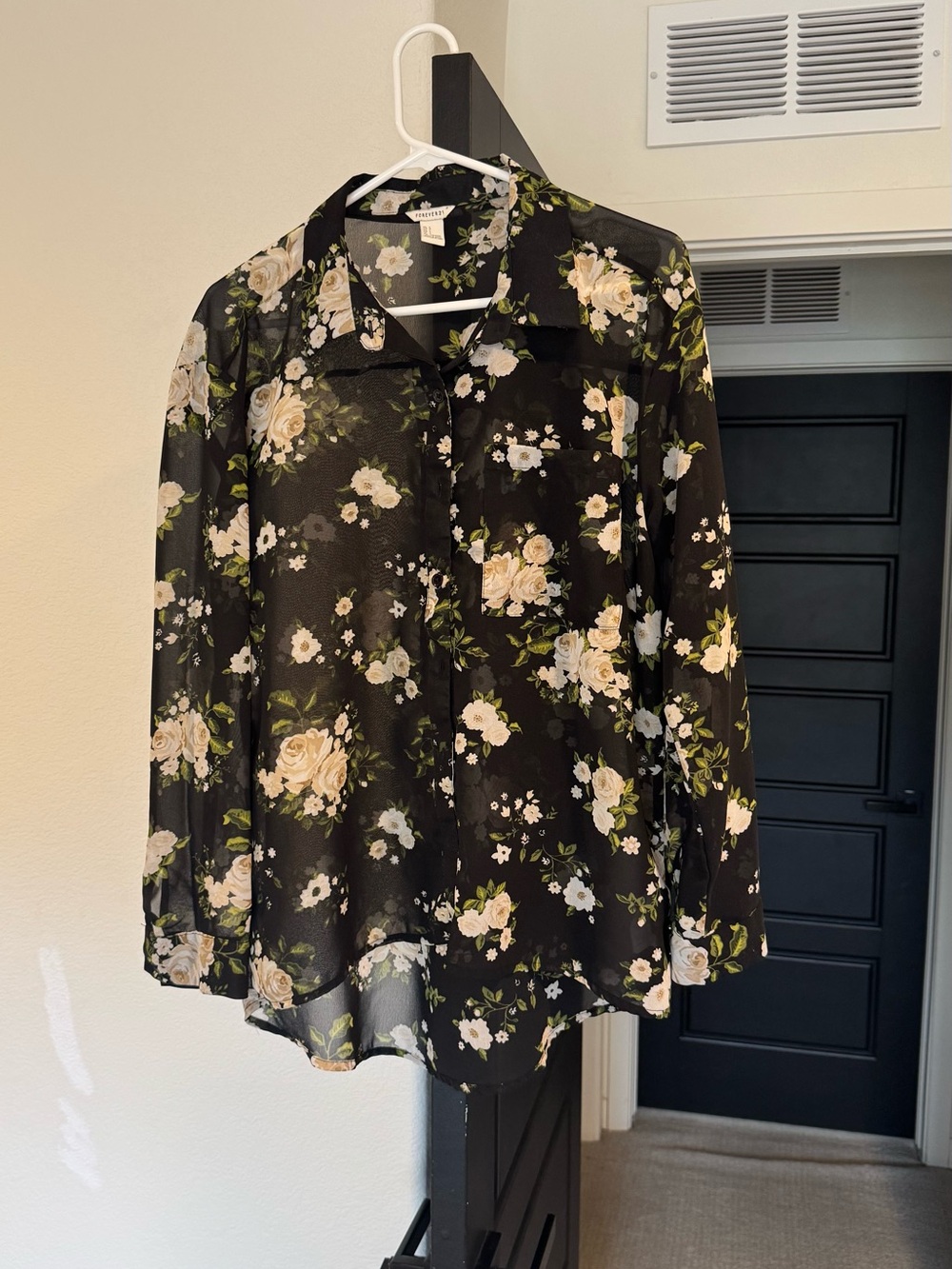 Forever 21 Black Sheer Floral Button-Up Blouse